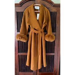 Max Mara Camel Wrap Coat Fur Cuffs Size L/M